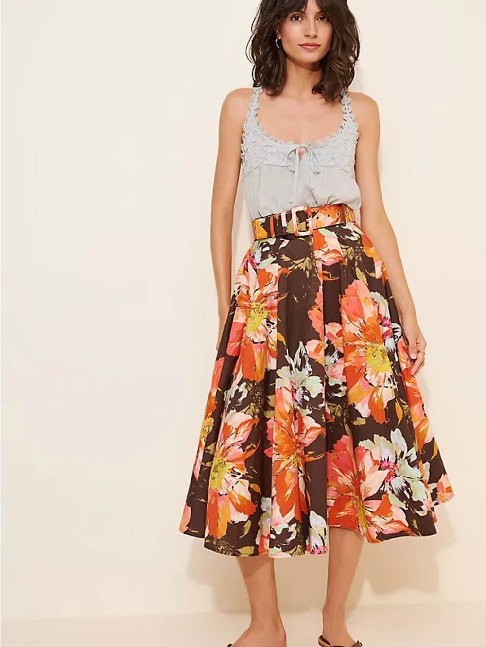 Hutch Brown Floral Circle Skirt with Orange & Pink Blooms